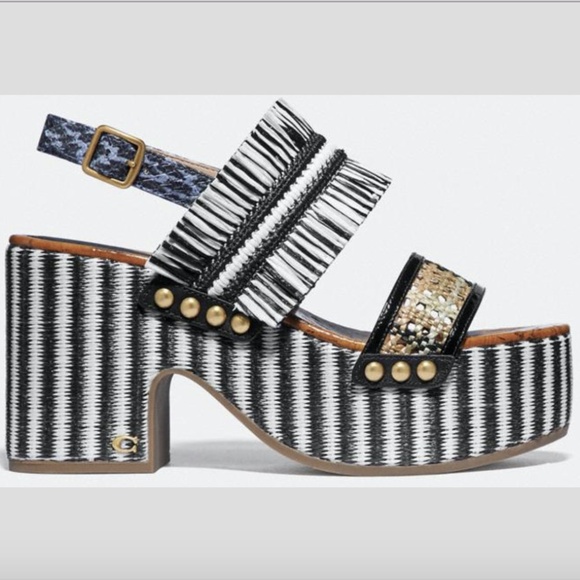 Coach raffia-adorned platform Nita Sandal mixed media like new! - Picture 1 of 12